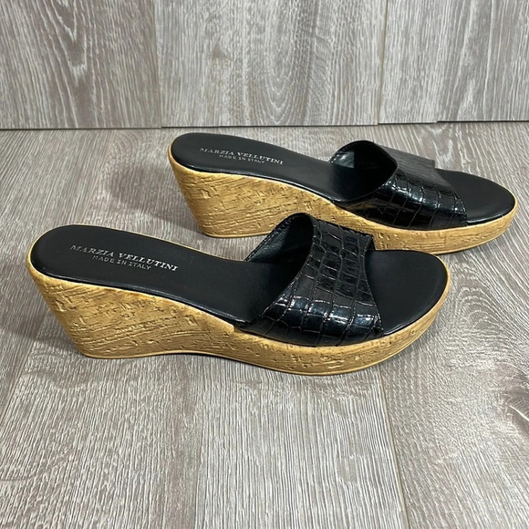 Marzia Vellutini Italian Wedge Slip On Sandals Black Patent Croc Faux Cork 6.5 - Picture 2 of 16